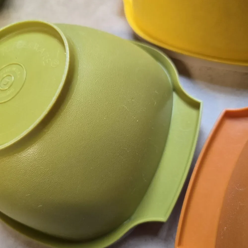Tupperware Vintage Square Bowl & Lid Set 3pc Yellow Green Orange Plastic
